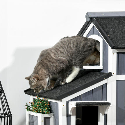 Wooden 2-Tier Outdoor Cat House with Window, Multiple Entrances & Flower Pot - Grey