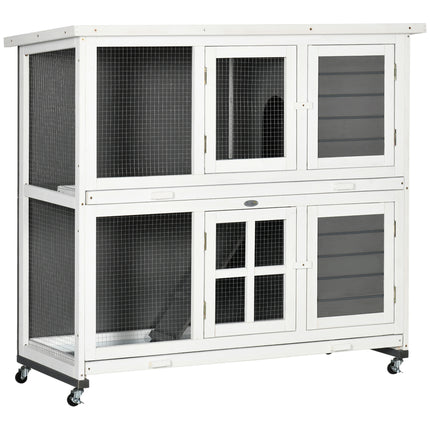 Wooden Rabbit Hutch with Wheels and Slide-out Trays, Small Animal Cage for Indoor & Outdoor Use - Grey
