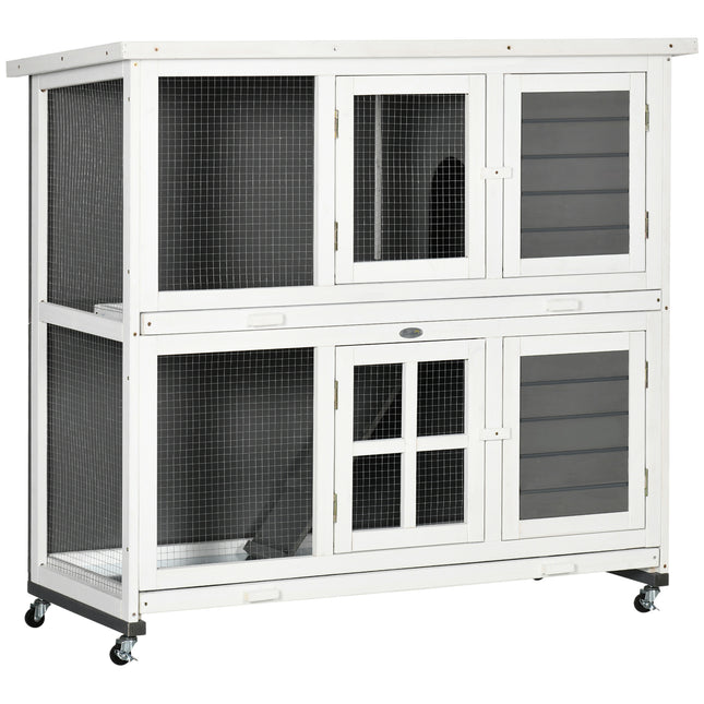 Wooden Rabbit Hutch with Wheels and Slide-out Trays, Small Animal Cage for Indoor & Outdoor Use - Grey