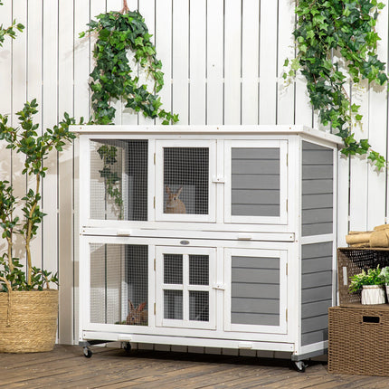 Wooden Rabbit Hutch with Wheels and Slide-out Trays, Small Animal Cage for Indoor & Outdoor Use - Grey