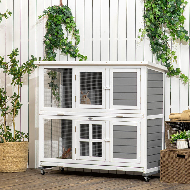 Wooden Rabbit Hutch with Wheels and Slide-out Trays, Small Animal Cage for Indoor & Outdoor Use - Grey