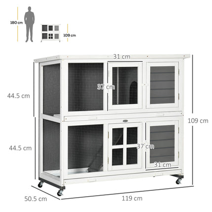 Wooden Rabbit Hutch with Wheels and Slide-out Trays, Small Animal Cage for Indoor & Outdoor Use - Grey