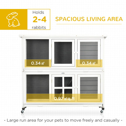 Wooden Rabbit Hutch with Wheels and Slide-out Trays, Small Animal Cage for Indoor & Outdoor Use - Grey