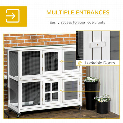 Wooden Rabbit Hutch with Wheels and Slide-out Trays, Small Animal Cage for Indoor & Outdoor Use - Grey