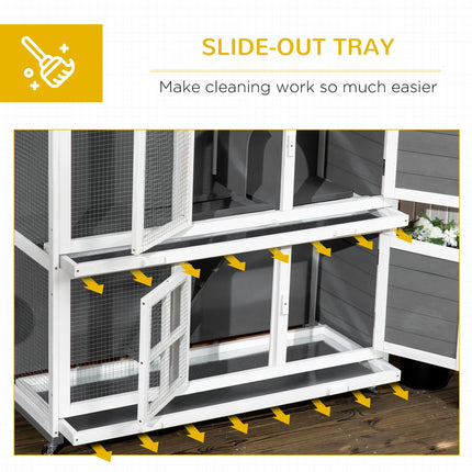 Wooden Rabbit Hutch with Wheels and Slide-out Trays, Small Animal Cage for Indoor & Outdoor Use - Grey