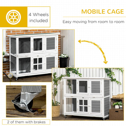 Wooden Rabbit Hutch with Wheels and Slide-out Trays, Small Animal Cage for Indoor & Outdoor Use - Grey