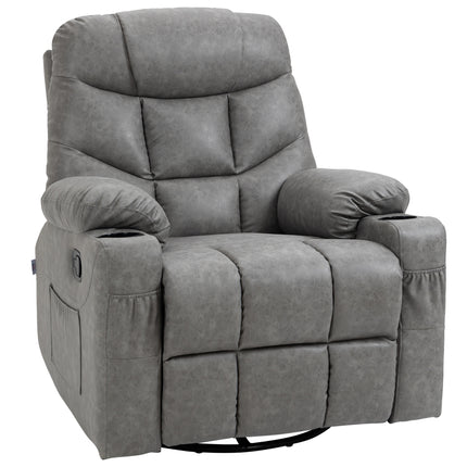 Manual Recliner Armchair with Footrest, Cup Holders & Faux Leather, 86x93x102cm - Grey