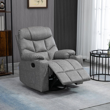 Manual Recliner Armchair with Footrest, Cup Holders & Faux Leather, 86x93x102cm - Grey