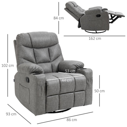 Manual Recliner Armchair with Footrest, Cup Holders & Faux Leather, 86x93x102cm - Grey
