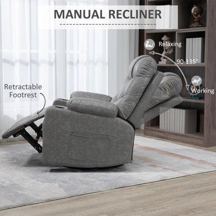 Manual Recliner Armchair with Footrest, Cup Holders & Faux Leather, 86x93x102cm - Grey