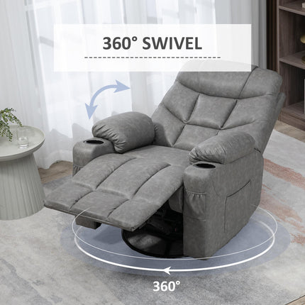 Manual Recliner Armchair with Footrest, Cup Holders & Faux Leather, 86x93x102cm - Grey