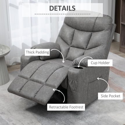 Manual Recliner Armchair with Footrest, Cup Holders & Faux Leather, 86x93x102cm - Grey