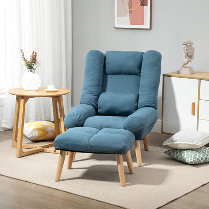 3-Position Adjustable Recliner Chair with Ottoman Linen Fabric Reclining Lounger - Blue
