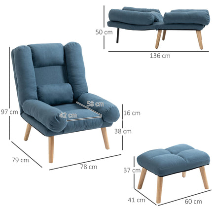 3-Position Adjustable Recliner Chair with Ottoman Linen Fabric Reclining Lounger - Blue