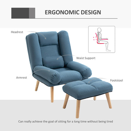 3-Position Adjustable Recliner Chair with Ottoman Linen Fabric Reclining Lounger - Blue