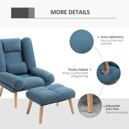 3-Position Adjustable Recliner Chair with Ottoman Linen Fabric Reclining Lounger - Blue