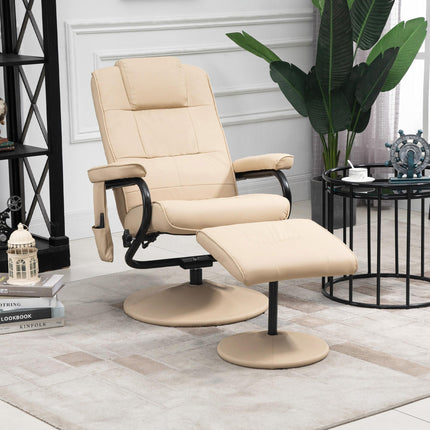 Manual Reclining Massage Sofa Armchair with Ottoman PU Leather - Cream