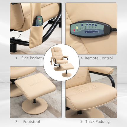 Manual Reclining Massage Sofa Armchair with Ottoman PU Leather - Cream