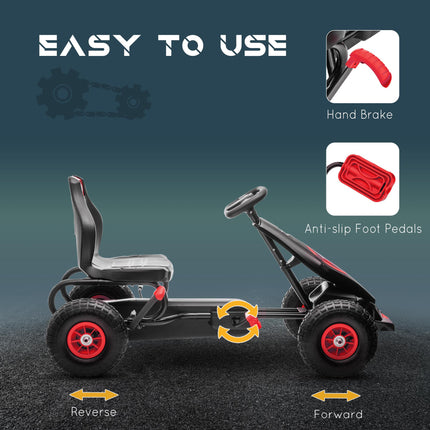 Children's Adjustable Pedal Go Kart with Handbrake and Inflatable Tyres for Ages 5-12 - Red