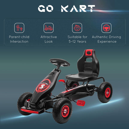 Children's Adjustable Pedal Go Kart with Handbrake and Inflatable Tyres for Ages 5-12 - Red