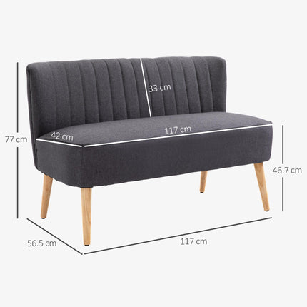 Modern Double Seat Loveseat Sofa 2 Seater Compact Padded Linen Wood Leg - Dark Grey