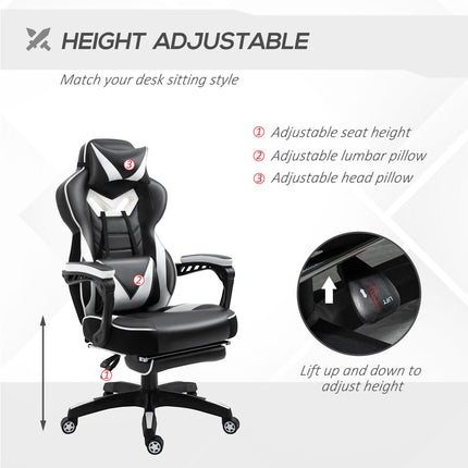Ergonomic Adjustable Racing Gaming Chair with Recliner, Headrest, Lumbar Support & Footrest - White