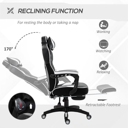Ergonomic Adjustable Racing Gaming Chair with Recliner, Headrest, Lumbar Support & Footrest - White