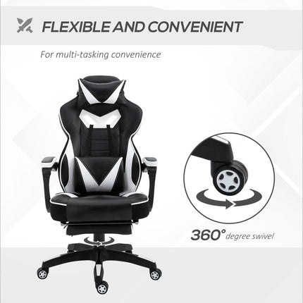 Ergonomic Adjustable Racing Gaming Chair with Recliner, Headrest, Lumbar Support & Footrest - White