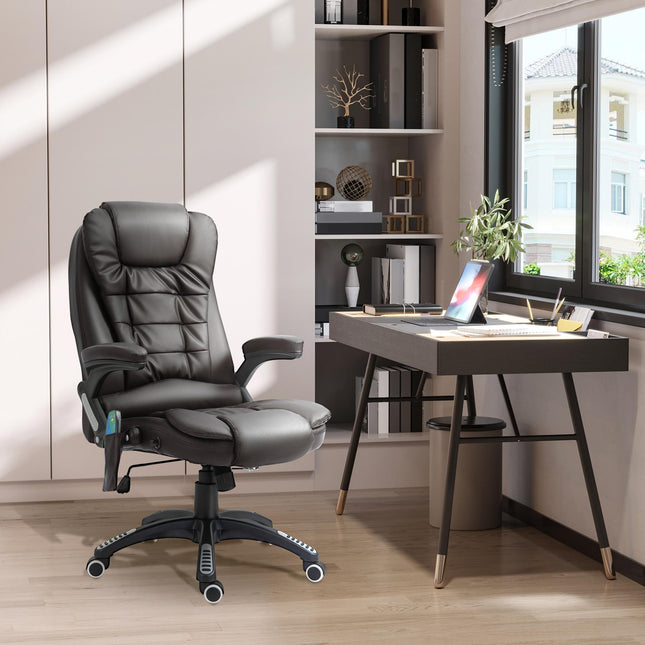 Executive High Back PU Leather Office Chair with Massage, Heat, Tilt & Recline - Brown