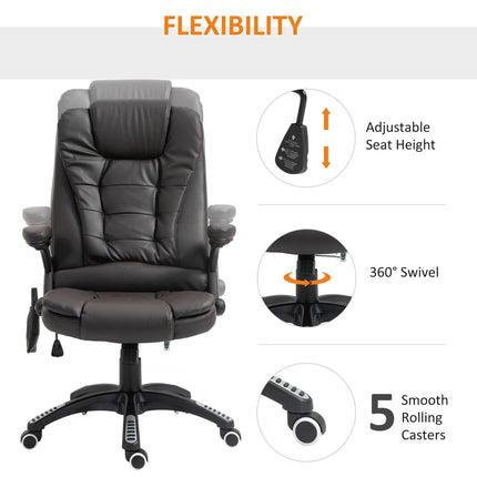 Executive High Back PU Leather Office Chair with Massage, Heat, Tilt & Recline - Brown