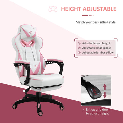 Ergonomic Adjustable Racing Gaming Chair with Recliner, Headrest, Lumbar Support & Footrest - Pink