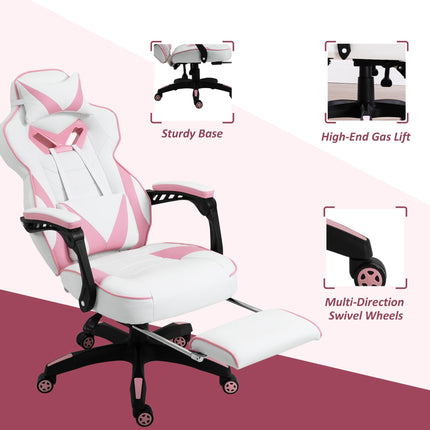 Ergonomic Adjustable Racing Gaming Chair with Recliner, Headrest, Lumbar Support & Footrest - Pink