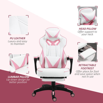 Ergonomic Adjustable Racing Gaming Chair with Recliner, Headrest, Lumbar Support & Footrest - Pink