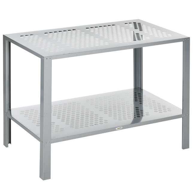2 Tier Galvanised Steel Plant Stand with Mesh Shelves - Silver