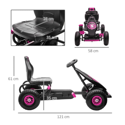 Children's Pedal Go Kart with Adjustable Seat, Handbrake & Inflatable Tyres for Ages 5-12 - Pink