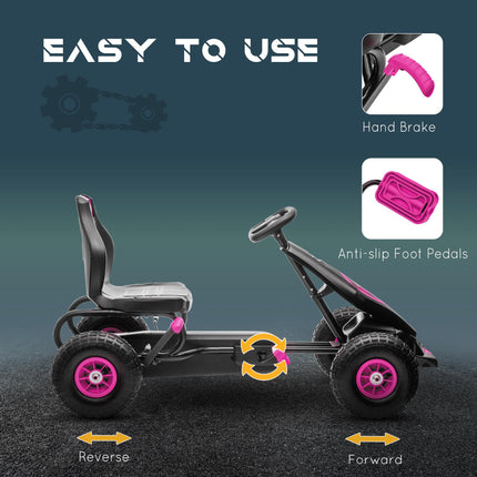 Children's Pedal Go Kart with Adjustable Seat, Handbrake & Inflatable Tyres for Ages 5-12 - Pink