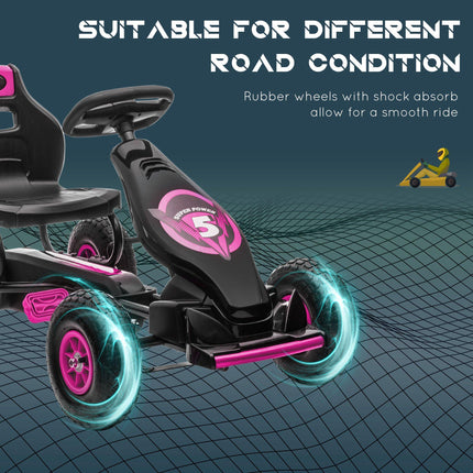 Children's Pedal Go Kart with Adjustable Seat, Handbrake & Inflatable Tyres for Ages 5-12 - Pink