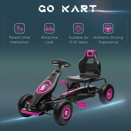Children's Pedal Go Kart with Adjustable Seat, Handbrake & Inflatable Tyres for Ages 5-12 - Pink