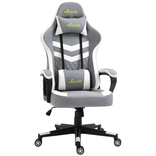 Racing Gaming Chair with Lumbar Support, Headrest & Swivel Wheels - Grey White