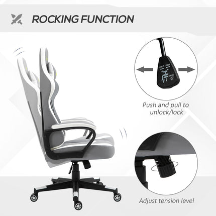 Racing Gaming Chair with Lumbar Support, Headrest & Swivel Wheels - Grey White