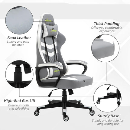 Racing Gaming Chair with Lumbar Support, Headrest & Swivel Wheels - Grey White