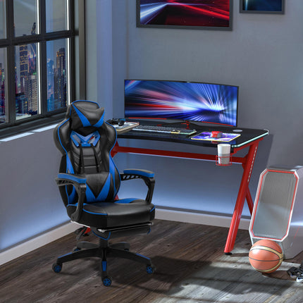 Ergonomic Racing Gaming Chair with Adjustable Height, Recliner, Headrest, Lumbar Support & Retractable Footrest - Blue