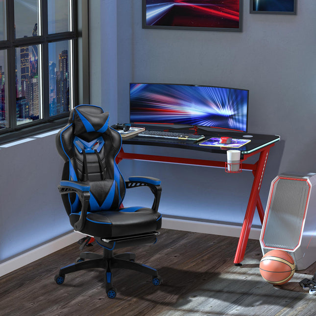 Ergonomic Racing Gaming Chair with Adjustable Height, Recliner, Headrest, Lumbar Support & Retractable Footrest - Blue