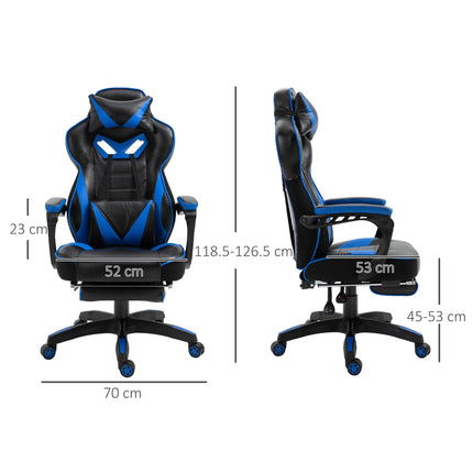 Ergonomic Racing Gaming Chair with Adjustable Height, Recliner, Headrest, Lumbar Support & Retractable Footrest - Blue