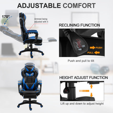 Ergonomic Racing Gaming Chair with Adjustable Height, Recliner, Headrest, Lumbar Support & Retractable Footrest - Blue