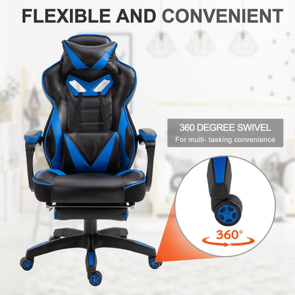 Ergonomic Racing Gaming Chair with Adjustable Height, Recliner, Headrest, Lumbar Support & Retractable Footrest - Blue
