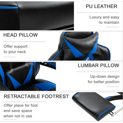 Ergonomic Racing Gaming Chair with Adjustable Height, Recliner, Headrest, Lumbar Support & Retractable Footrest - Blue