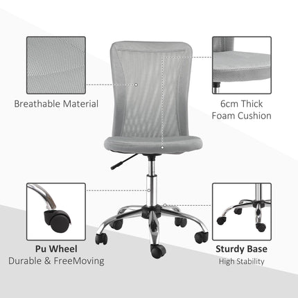 Ergonomic Home Office Mesh Task Chair Armless Mid Back Height Adjustable with Swivel Wheels - Grey