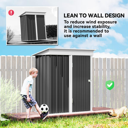 5 Foot Metal Lean-To Garden Shed with Adjustable Shelves - Dark Grey