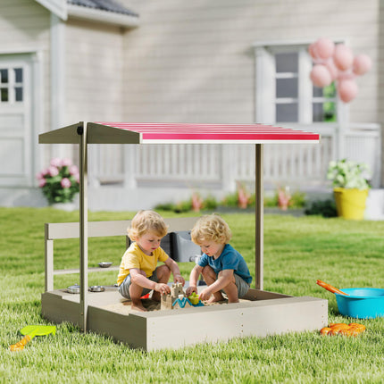 Kids Wooden Sandbox Playset with Adjustable Canopy and Storage Seat - Grey